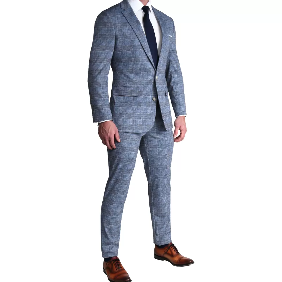 State and Liberty Athletic Fit Stretch Blazer - Knit Light Blue, Navy and White Plaid