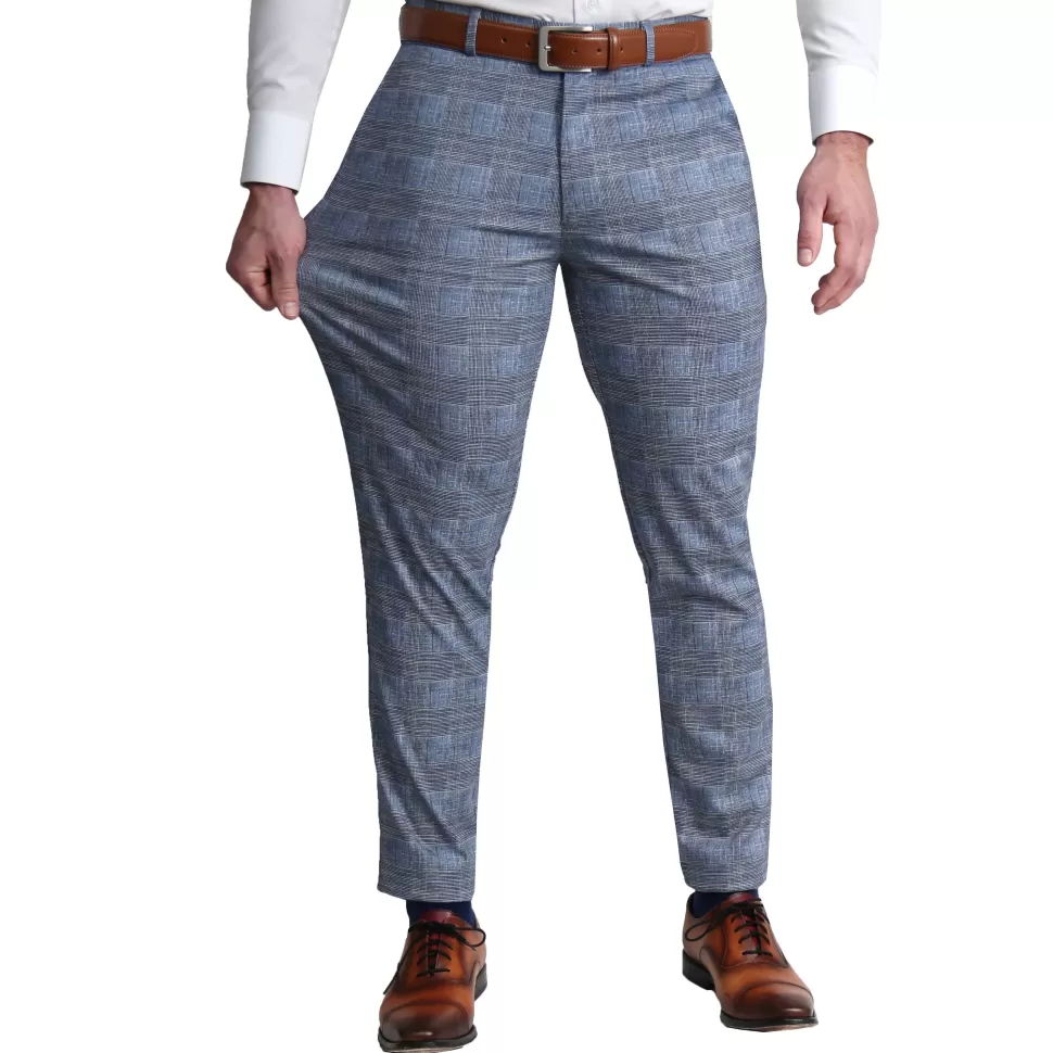 State and Liberty Athletic Fit Stretch Suit Pants - Knit Light Blue, Navy and White Plaid