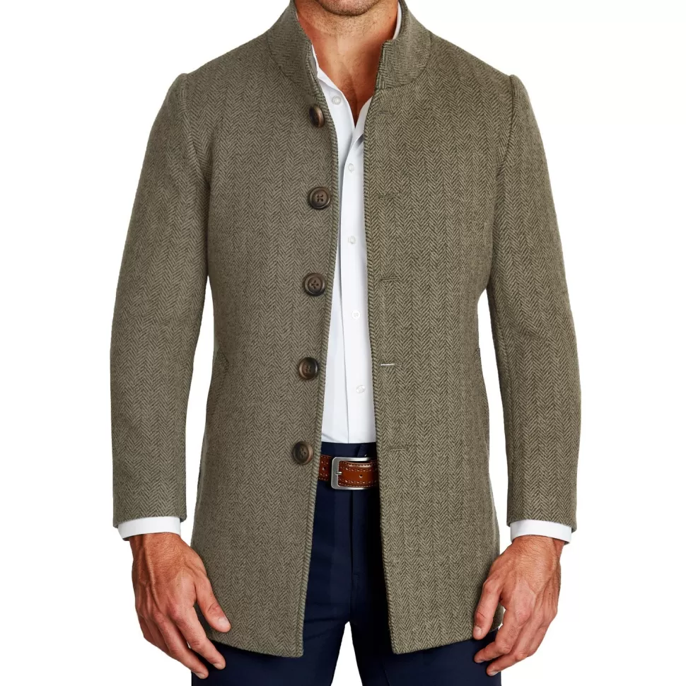 State and Liberty Olive Herringbone Open Button Overcoat