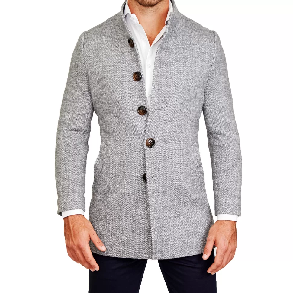 State and Liberty Open Button Overcoat - Grey Herringbone