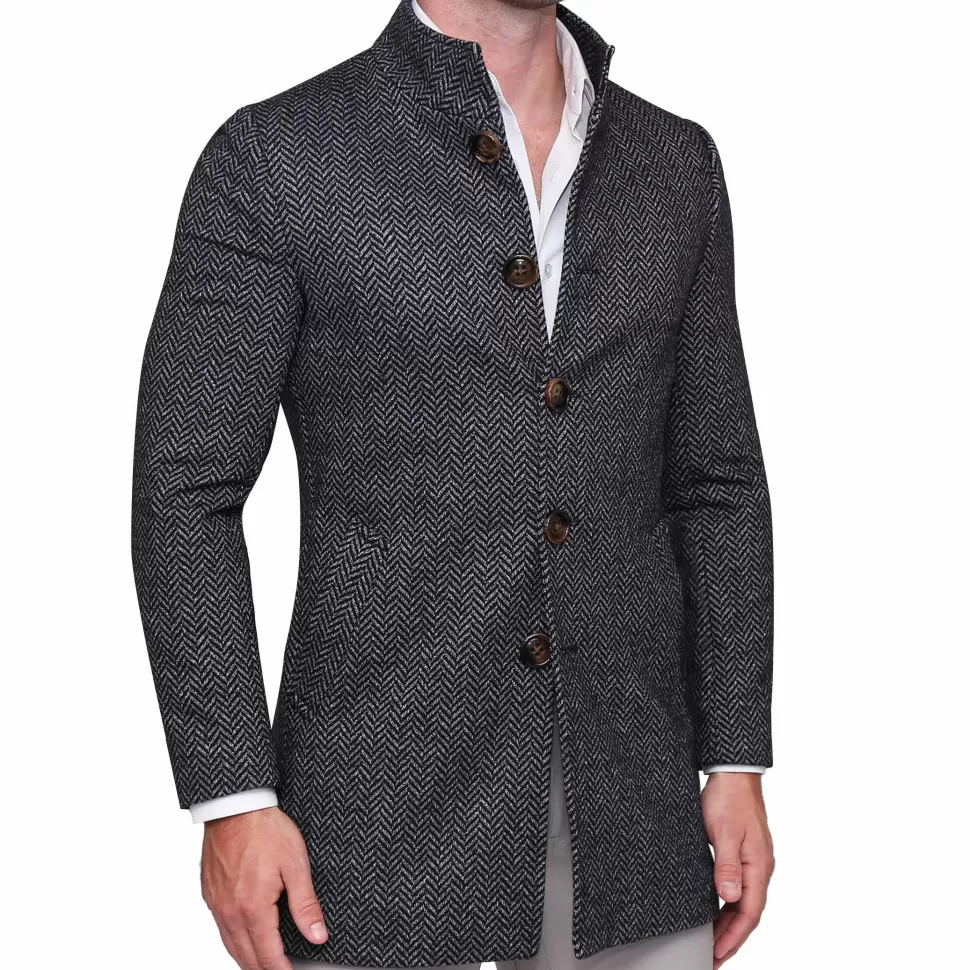 State and Liberty Open Button Overcoat - Navy & Grey Chevron