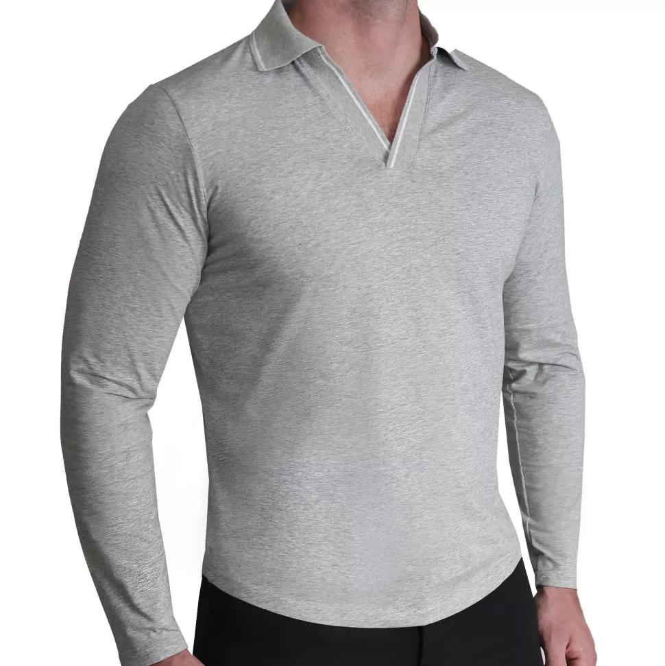 State and Liberty Tipped Long Sleeve Polo - Grey with White